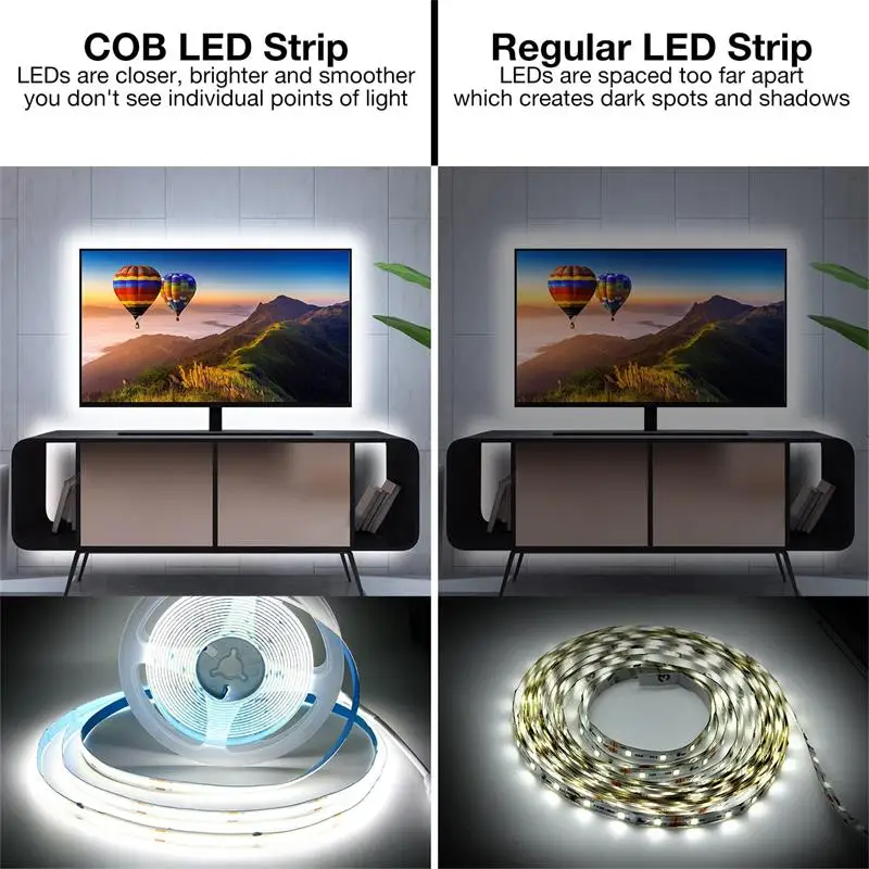 DAYBETTER-8mm COB Led 스트립 조명, 5M 밝기 조절, 320 leds/m, 고밀도 소프트 플렉서블 테이프 리본 Led 조명, DC 24V