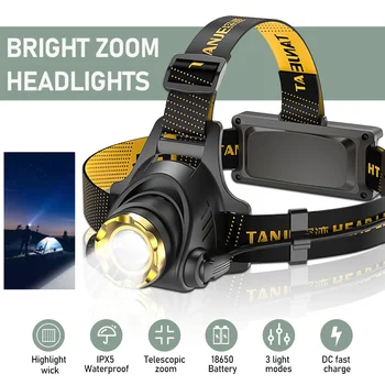 Led Headlamp USB Rechargeable Powerful Batteries Headlight Camping Search Light Head Flashlight 90° Adjustable Head Strap Lamp 2