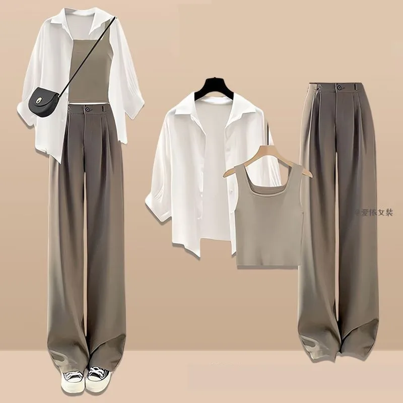 Women's Summer New Casual Tracksuit Matching Set Korean Elegant Chiffon Sunscreen Shirt+suspender+suit Pants Three Piece Suit