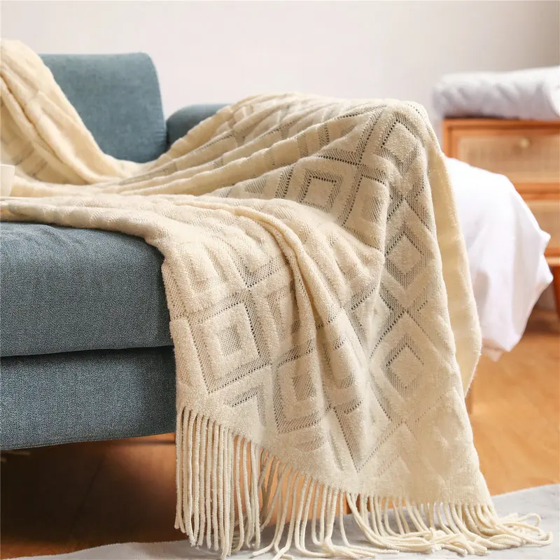 Nordic Knitted Blanket With Tassel Geometric Diamond Jacquard Throw