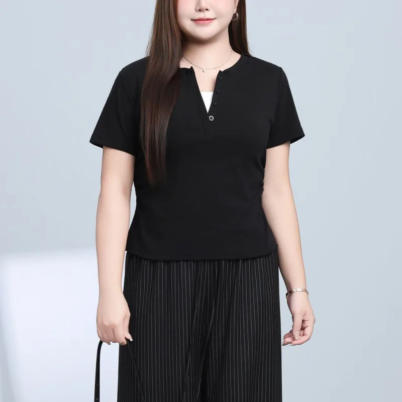 Contrasting Color V-neck Simple Fold Waist T-shirt Plus Size Women's Summer Commuting Style 100KG Premium Short Sleeve Tees
