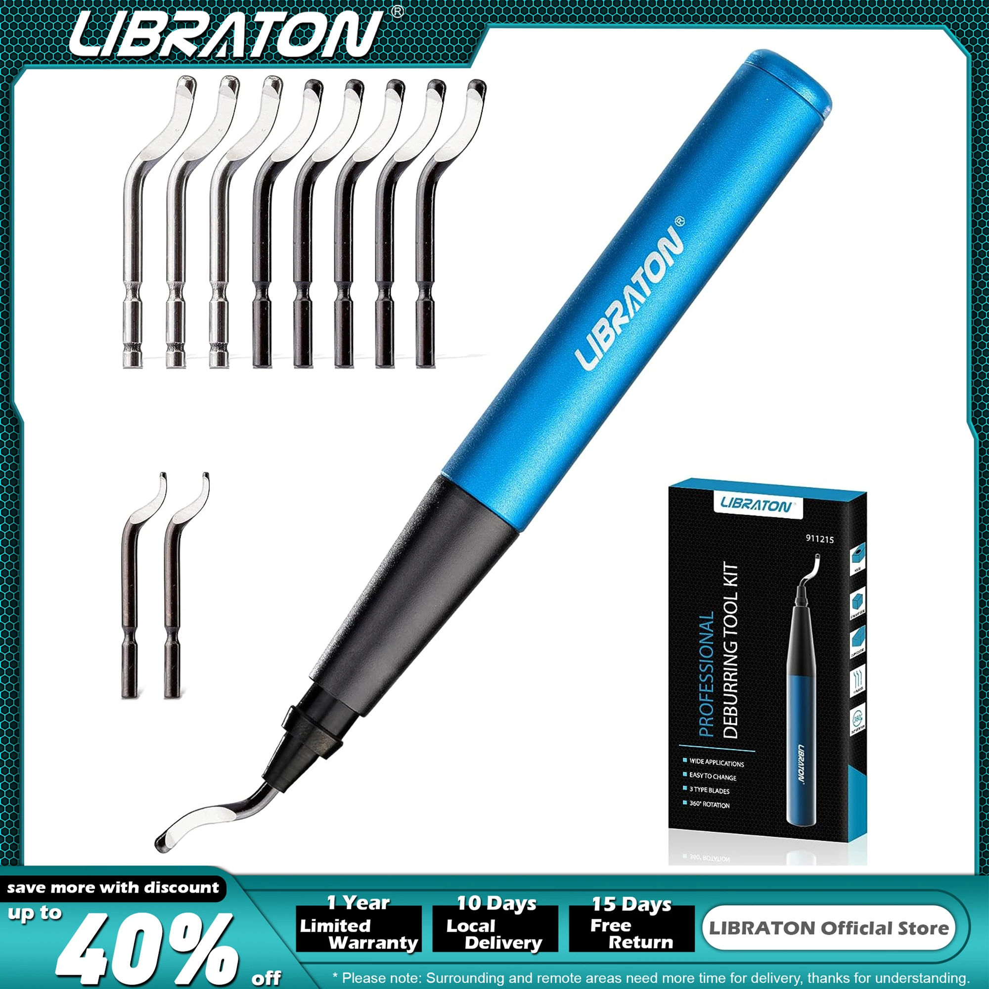 Libraton Deburring Tool with 11 High-Speed Steel Blades, 360 Degree Rotary Head, Professional Deburring Tool Kit