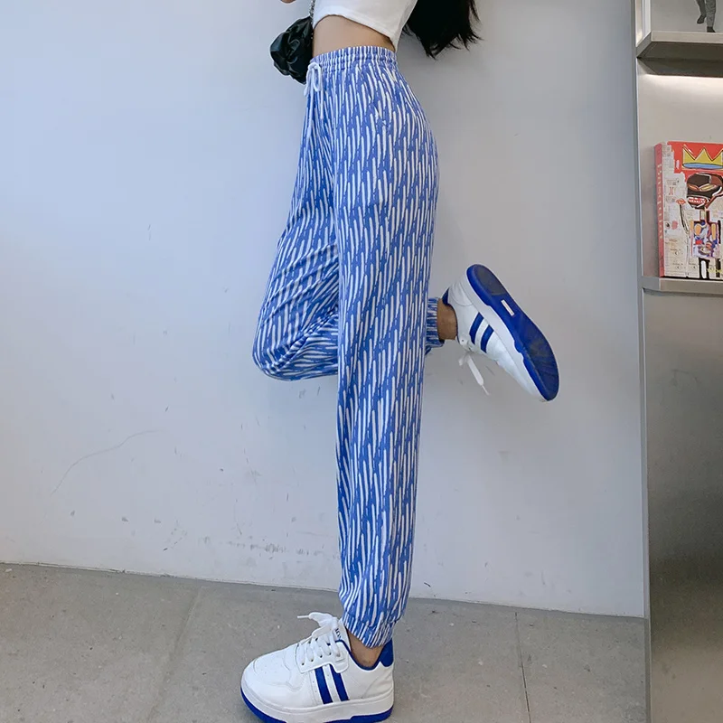 Women's Spring Autumn Elastic High Waisted Printed Geometric Pattern Stripes Casual Loose Harlan Lantern Trousers Fashion Pants