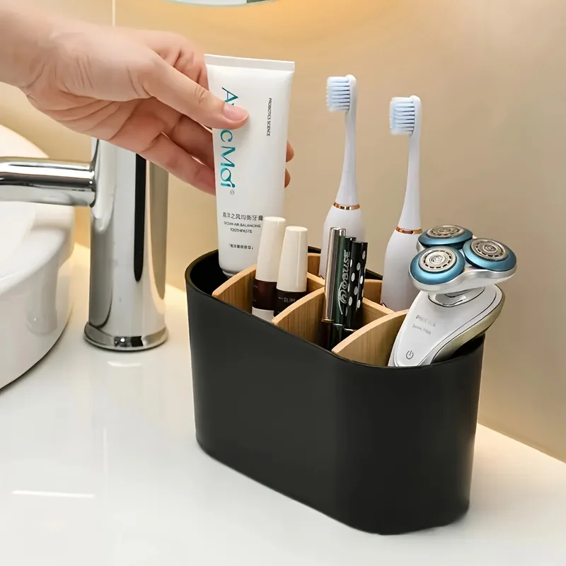 5-Slot Black Plastic Toothbrush Holder with Dividers - Lightweight, Countertop Organizer-Toothbrush Holder for Bathroom