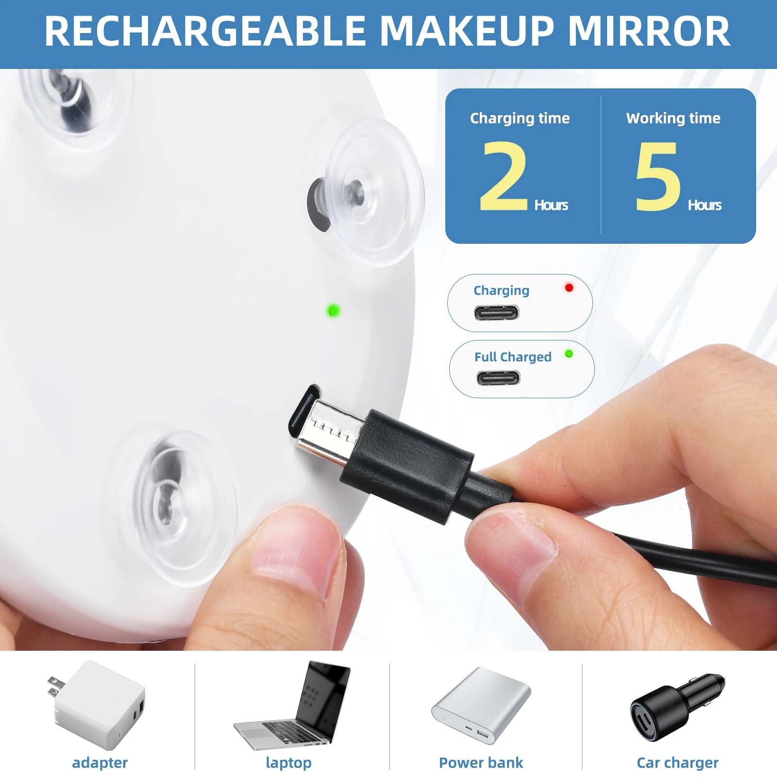 Makeup Mirror Magnifying Mirror 4" Compact Mirror Natural LED Light Rechargeable Lighted Travel 3 Suction Cups