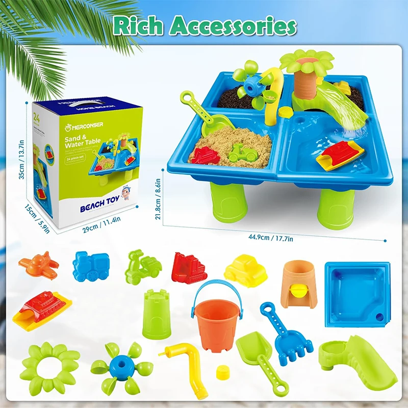 Summer Beach Water Table for Toddlers 4-in-1 Outdoor Play Table Rain Showers Splash Pond Toys 24 PCS Sensory Activity Sand Table 6