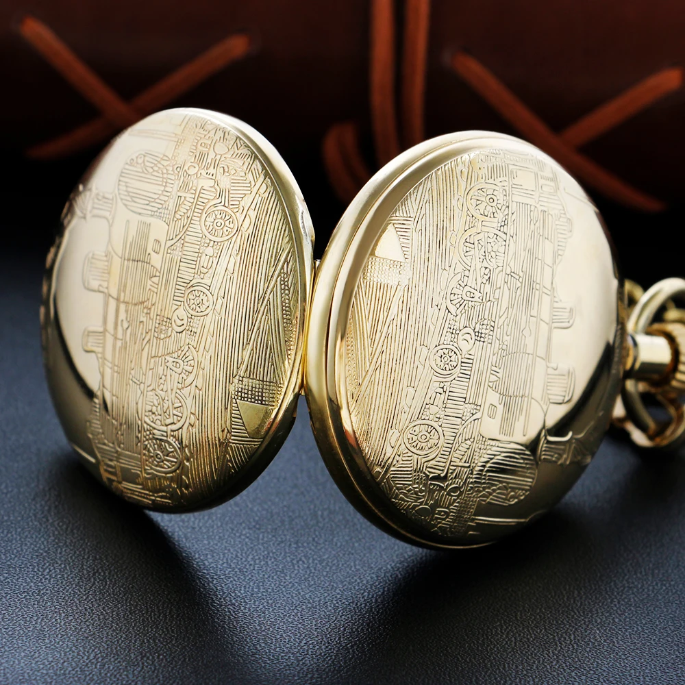 Classic Traditional Train Embossment Mechanical Pocket Watch Vintage Chain Steampunk Clock Men's and Women's Jewelry Necklace