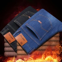 Men Winter Snow Warm Plush Minimalist Jeans Male Fleece Lined Thickened Denim Pants Slim Fit Elasticity Casual Trousers