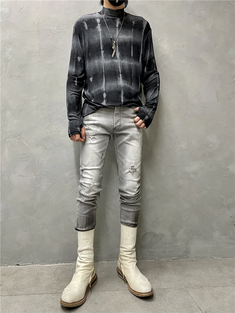 

High Street Personality Distressed Slim Stretch Jeans Fashion Retro Broken Holes Pants Trendy Skinny Boot