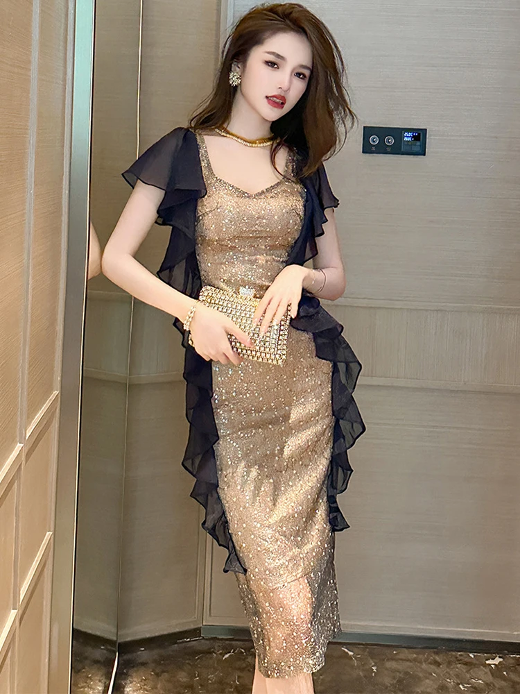 

Summer Glitter Gold Evening Dress For Women Ladies Clothing Luxury Chic V-Neck Slim Midi Party Club Gown Mujer Vestidos Fiesta