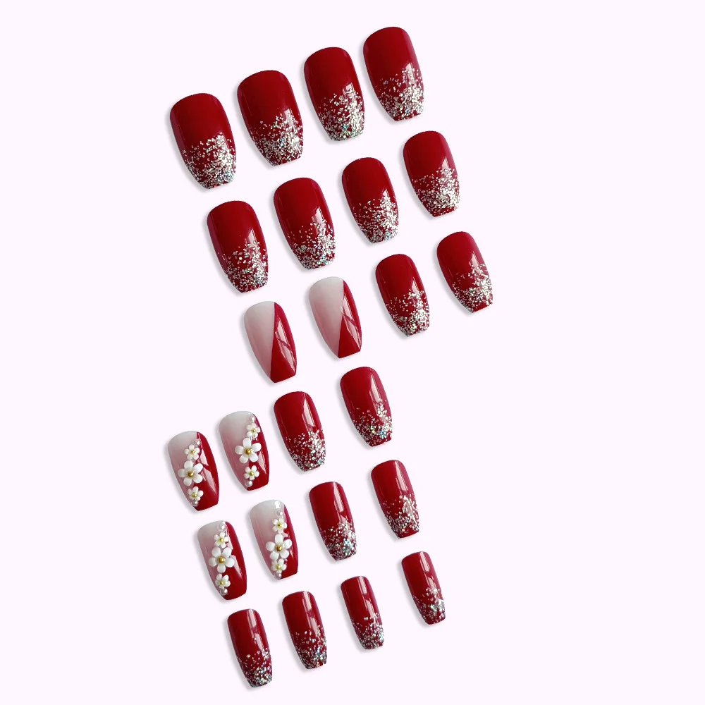 24 Pcs Short Coffin Press On Nails with Rhinestone