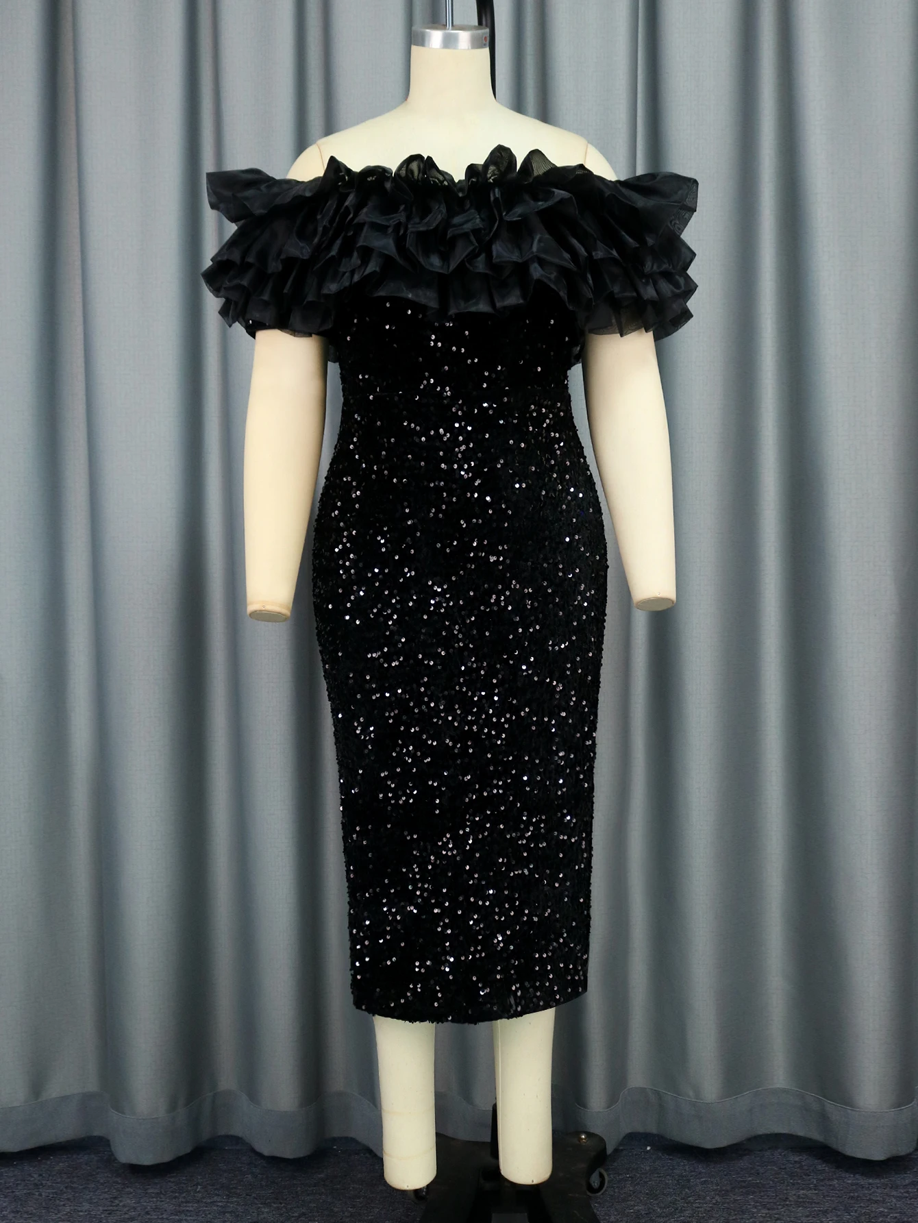 Women Classy Off Shoulder Black Sequin Dress Backless Ruffles