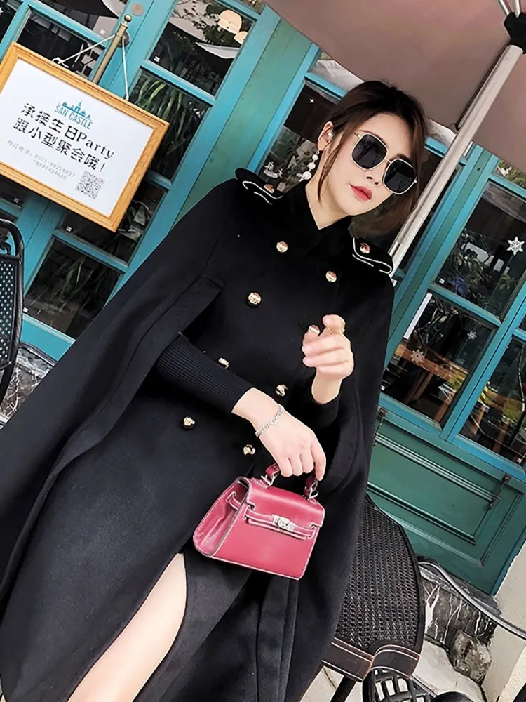 New White Women Double Breasted Cape Woolen Blends Elegant