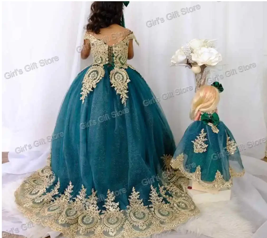 Flower Girl Dresses for Wedding Pageant Birthday Sleeveless Gold Appliques Beaded Child Holy First Communion Ball Gown