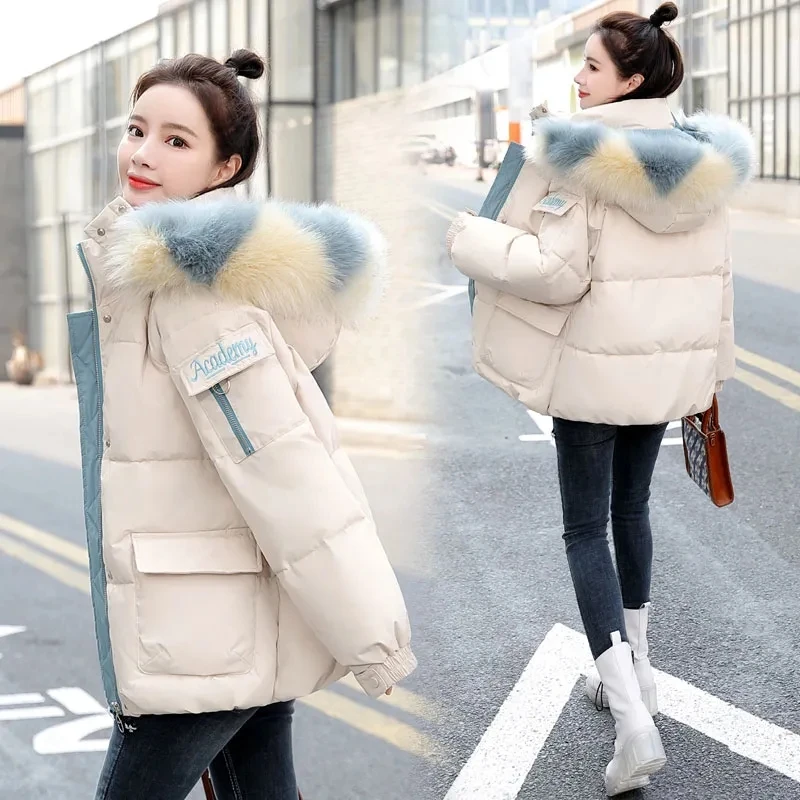 

Winter Chic Down Cotton Coats Women's 2023 New Fur Collar Hooded Jackets Female Korean Loose Short Parkas Student Bread Overcoat