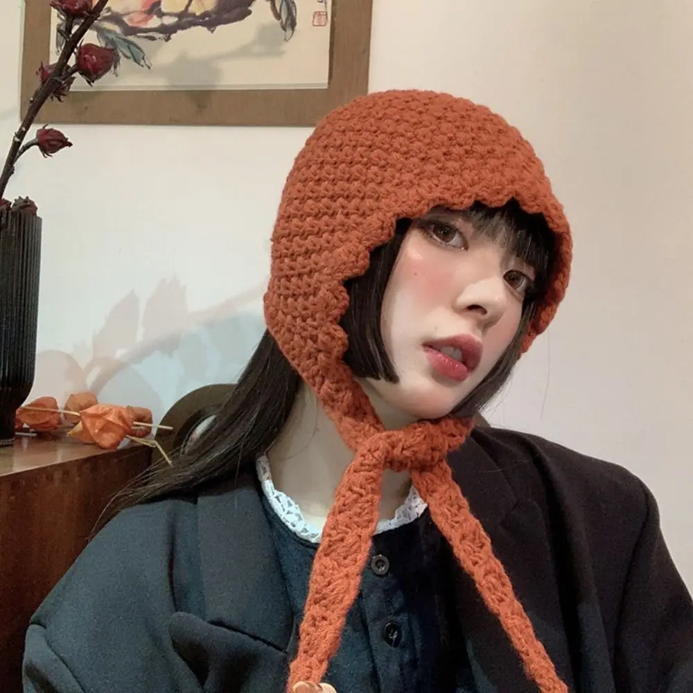 

Cute Beanie Hat New Knitting Woolen Bucket Hat Ear Protection Winter Lacing Knitted Hat Women