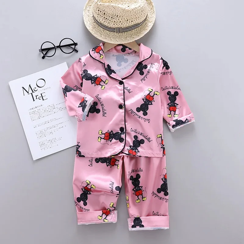Kids Pajamas Set Disney Mickey Mouse 2Pcs Silk Satin Long Sleeve Top Trousers Baby Boys Girls Cartoon