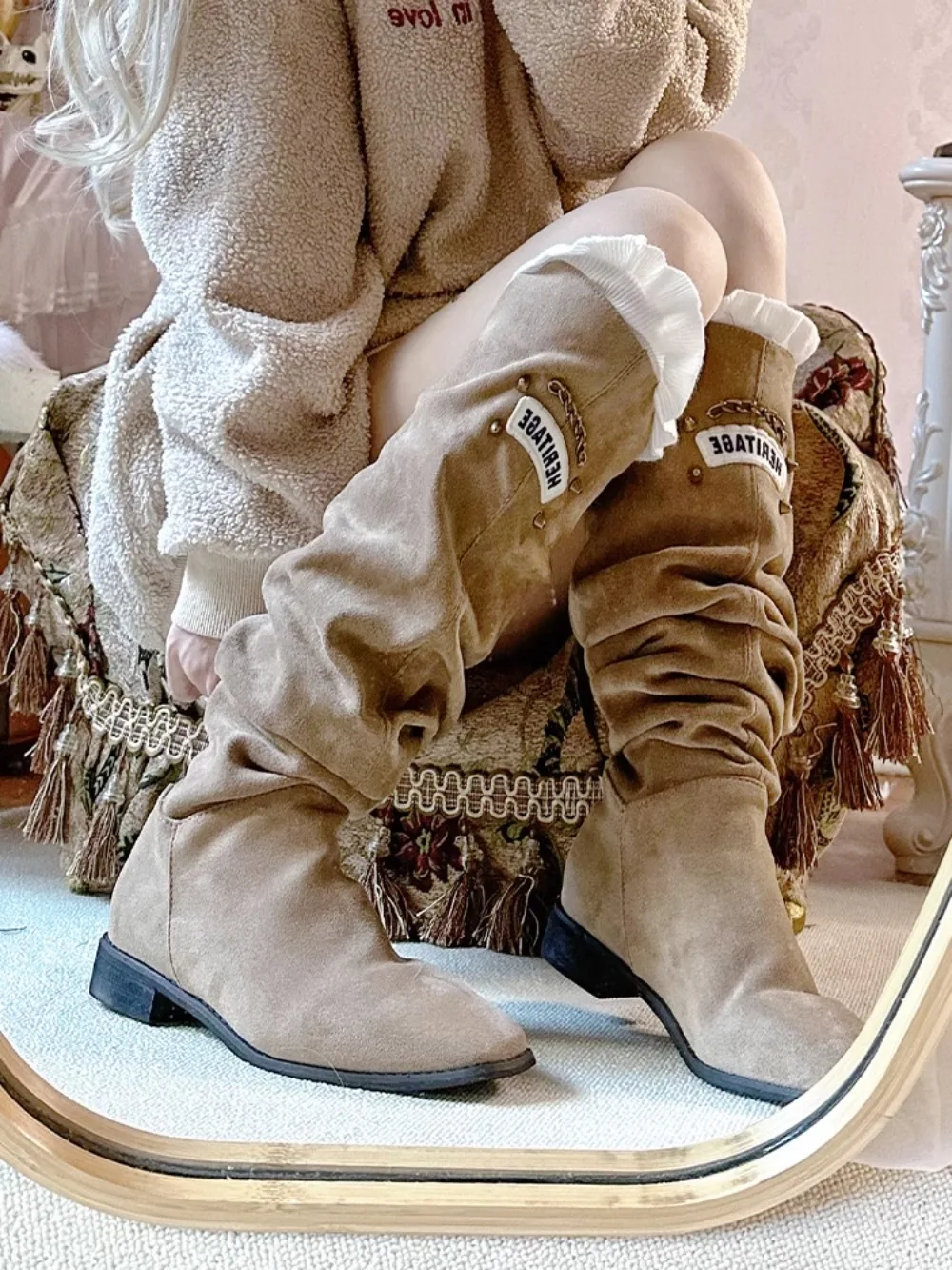 

Womens Pointed Toe Knee Thigh High Boots Lace Chunky Heel Shoes Suede Leather Princess Lolita DIY Sweet Girls X-mas GiftNew 2024