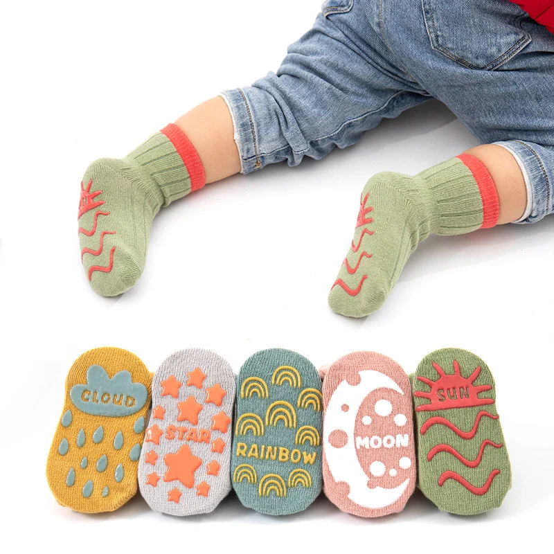 5pairs Casual Cute Knit Floor Socks, Soft Comfortable Breathable Cotton Socks For Toddler Walking Baby Boys And Girls 3