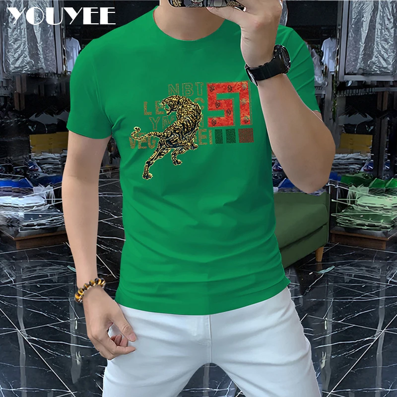Fashion Men T-shirt Printed Hot Diamonds Leopard Man Top