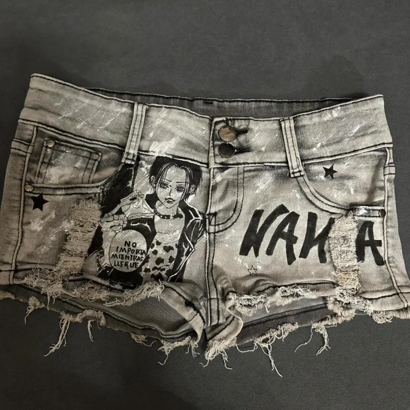 Deeptown Y2K Vintage Distressed Jeans Shorts Women Harajuku Ripped Tassel Denim Shorts Sexy Low Waist Skinny Pants Summer Hippie