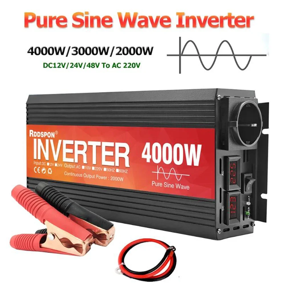 Rddspon-inversor de Carro de Onda Senoidal Pura Conversor de Voltagem Inversor Solar Transformador 12v 24v 48v 220v 1kw 4kw