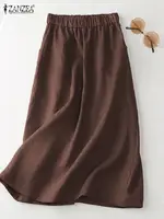 ZANZEA Women Cotton Skirt Holiday Elastic Waist Midi Skirt 2024 Summer Side Pockets Falda Saias Casual Korean Solid A Line Jupe - Image 2