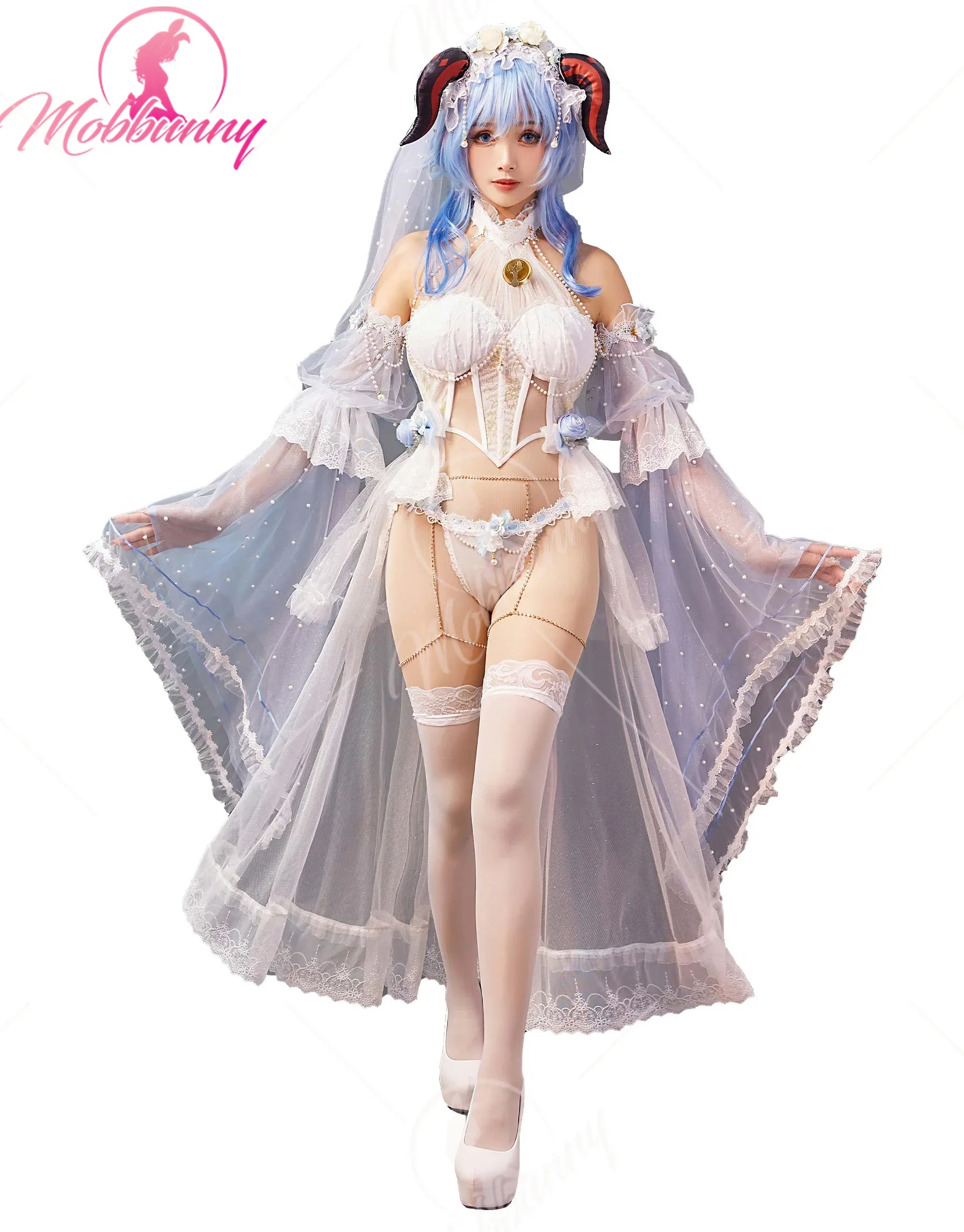 

Mobbunny Ganyu Derivative Sexy Lingerie Set Wedding Style Top and Panty Set with Veil and Thigh Stockings Cosplay Costumes