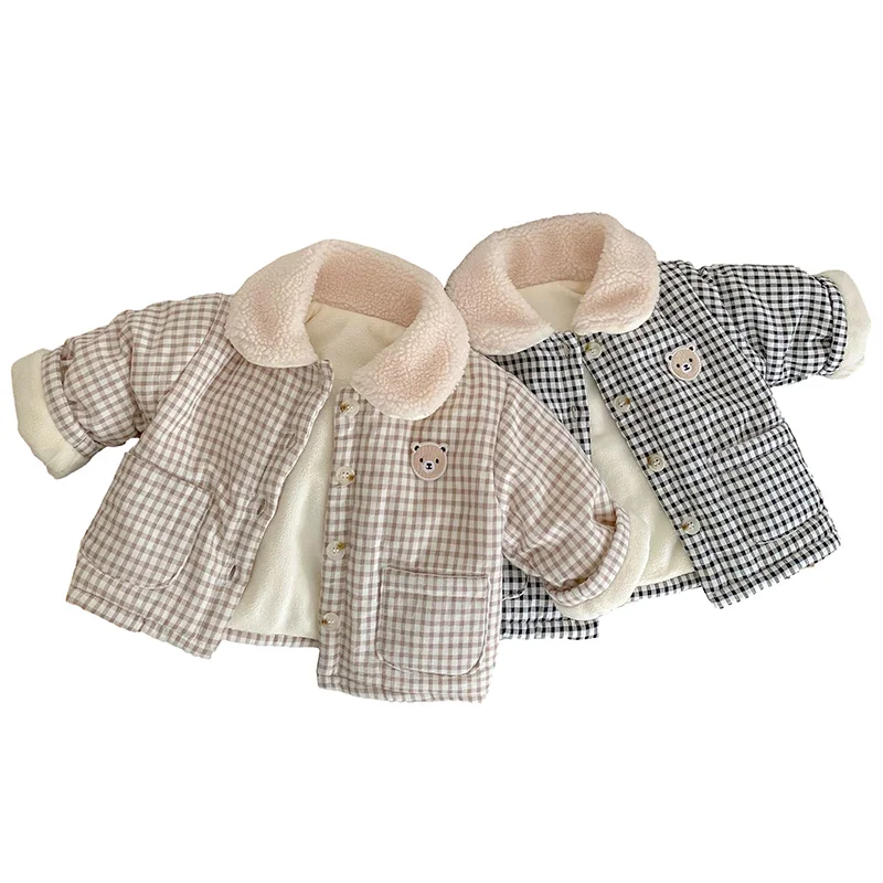 Plaid Bear Winter Baby Coats for Girls Boys Warm Cotton Outerwear Fleece Lining Jacket Infant Clothes Korean Kids Costume 0-3T