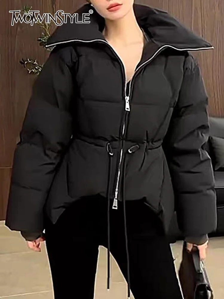 

TWOTWINSTYLE Solid Patchwork Drawstring Casual Coats For Women Lapel Long Sleeve Spliced Zipper Tunic Minimalist Coat Female New