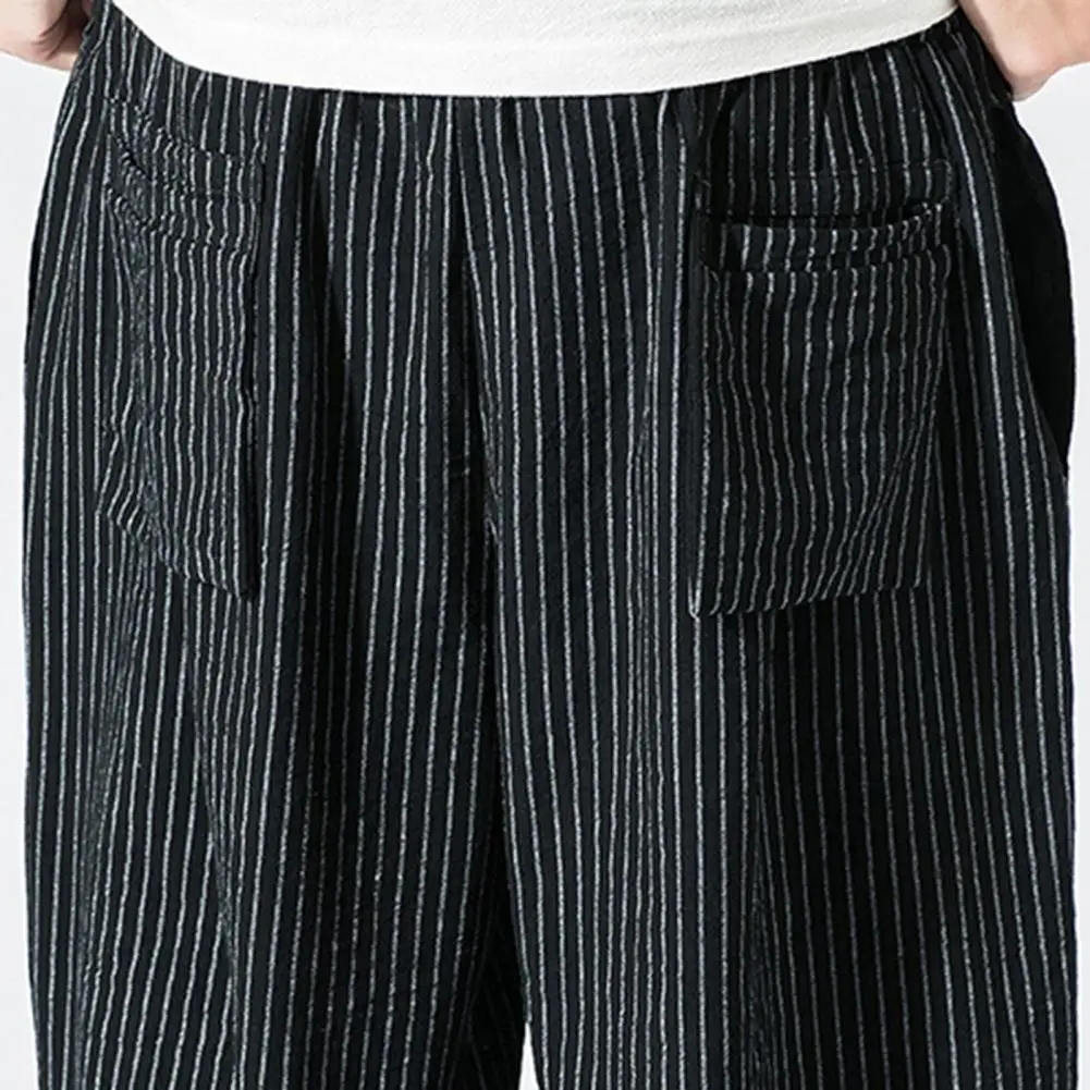 Description Picture 5 of itemMen Summer Cropped Pants Elastic Drawstring Waist Carrot Pants Vertical Striped Print Harem Pants Streetwear