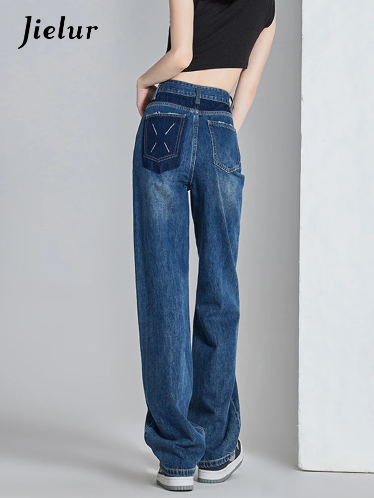 Jielur Slim Едноцветни широки дънки с пълна дължина Летни прави дамски панталони с широки крачоли Изпрани светло сини модни офис дамски
