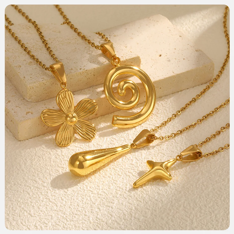 Vnox Mode Blume Stern Spirale Anhänger Halskette für Frauen, Edelstahl vergoldet Kragen Halsband, Mädchen Hals Schmuck Geschenke – Detail 10