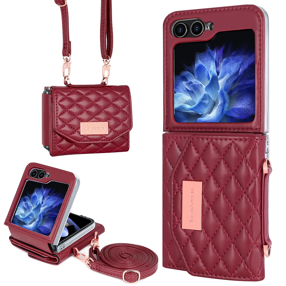 Crossbody Kaarten Solt Lieder Portemonnaie Hülle fir Samsung Galaxy Z Flip 6 5 4 3 5G Flip6 Flip5 Riemen Diamant Dräifach Falt Täsch Cover_voghion.com