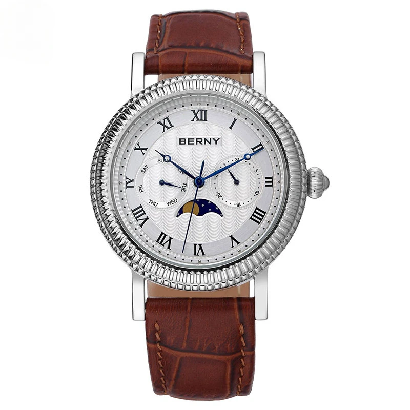 BERNY Moon Phase Quartz Watches for Men 40mm Dial Calendar Date Week Men's Watch Leather Strap Stainless Steel case Business