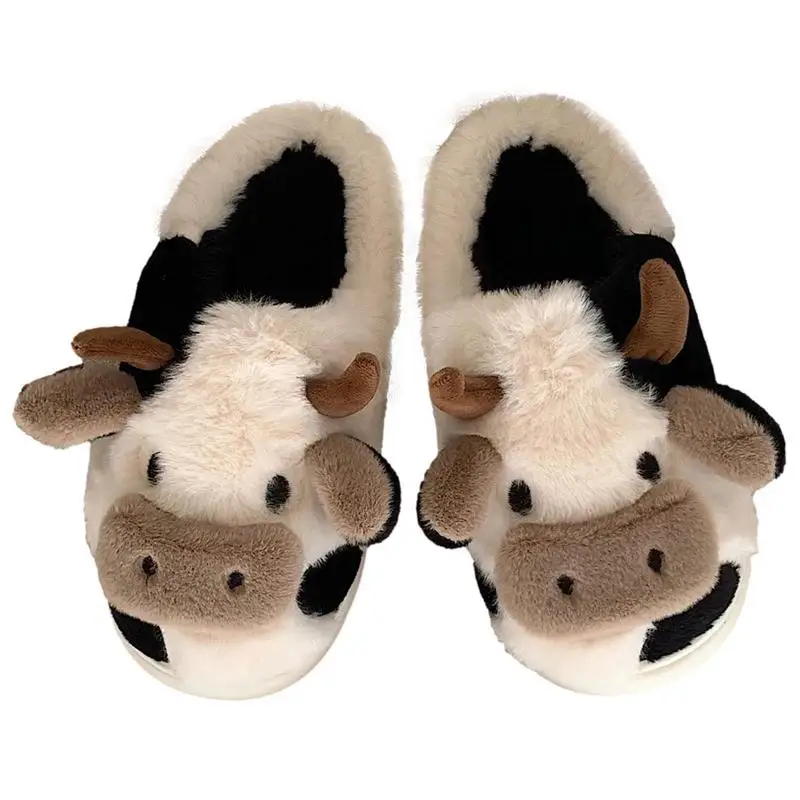 Cute Milk Cow Slippers Winter Warm Plush Slippers Men Women House Slippers Fuzzy Cartoon Animal Slippers Non-slip Cotton Slipper