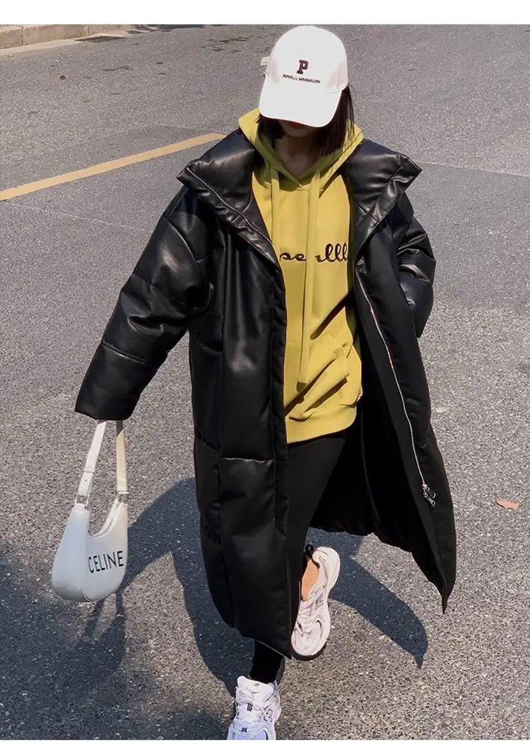 Winter Long Pu Leather Down Jacket Female Black Thick Warm Cotton Parka Outwears Women White Duck Down Knee Length Down Jackets