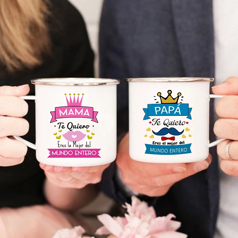 Кружка с испанской надписью «Best Mom & Dad In The Word», эмалированная чашка для кемпинга, креативные кофейные чашки, праздничный подарок для матери и отца на день рождения