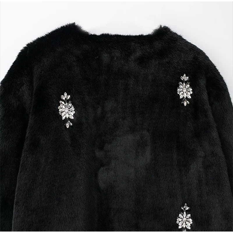 Abrigo de piel con joyería vintage para mujer, chaqueta holgada de manga larga con cuello redondo y felpa negra de invierno, abrigo grueso y cálido elegante para mujer