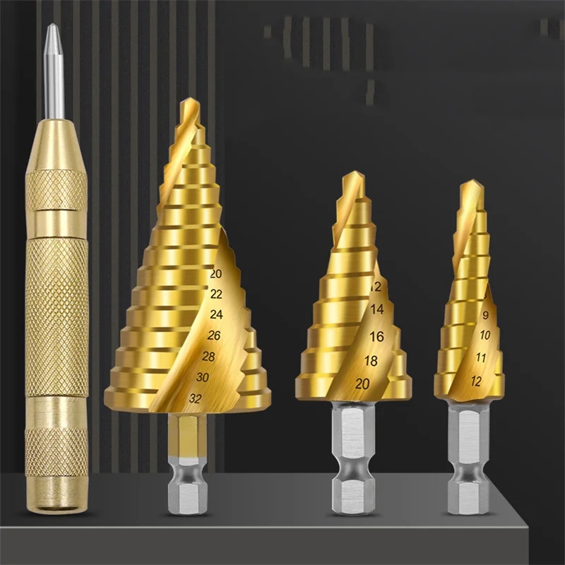High Speed Steel Spiral Groove Step Drill Hexagonal Bit Cone Center Reaming Pagoda Hole Cutter Wood Metal Drill
