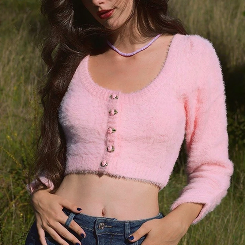 

2022 autumn and winter long-sleeved top women's sweater knitted seven-part sweater sweater retro flower plush sweater