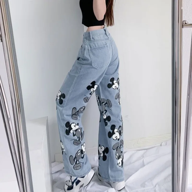 ミッキーマウス プリント ワイドレッグデニムパンツ 女性のミッキーマウス漫画プリントワイドレッグデニムパンツ、キュート