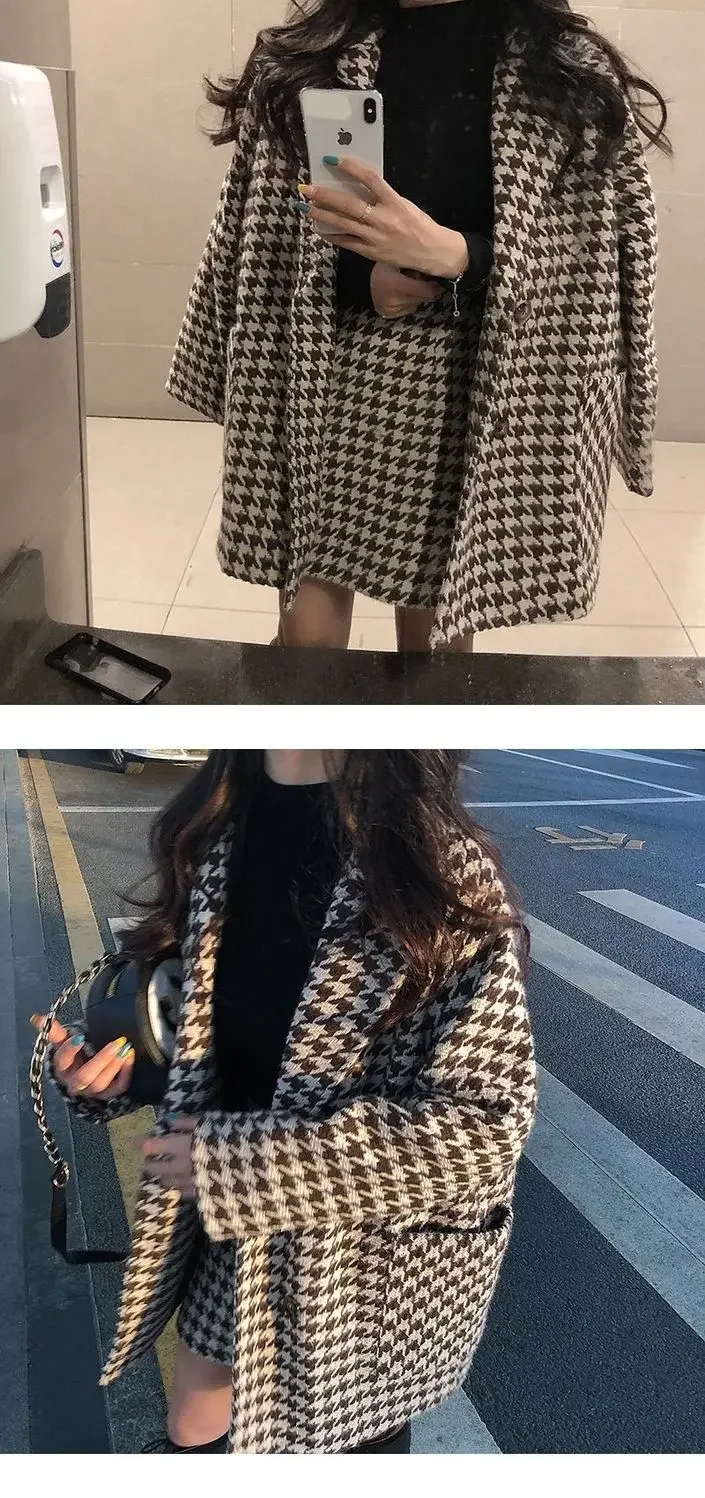 Autumn Winter Plaid Woolen Ladies 2 Piece Set Long Sleeve Suit Coat And High Waist A-line Mini Skirt Outfit image