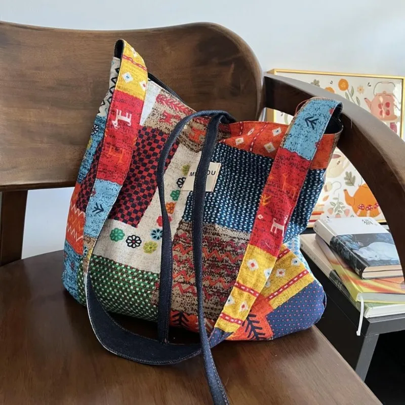 Doppelseitige Tasche, böhmische Denim-Canvas-Tasche, vielseitige Pendler-Einkaufstasche, auf beiden Seiten erhältlich, Retro-Kontrast-Umhängetasche – Detail 7