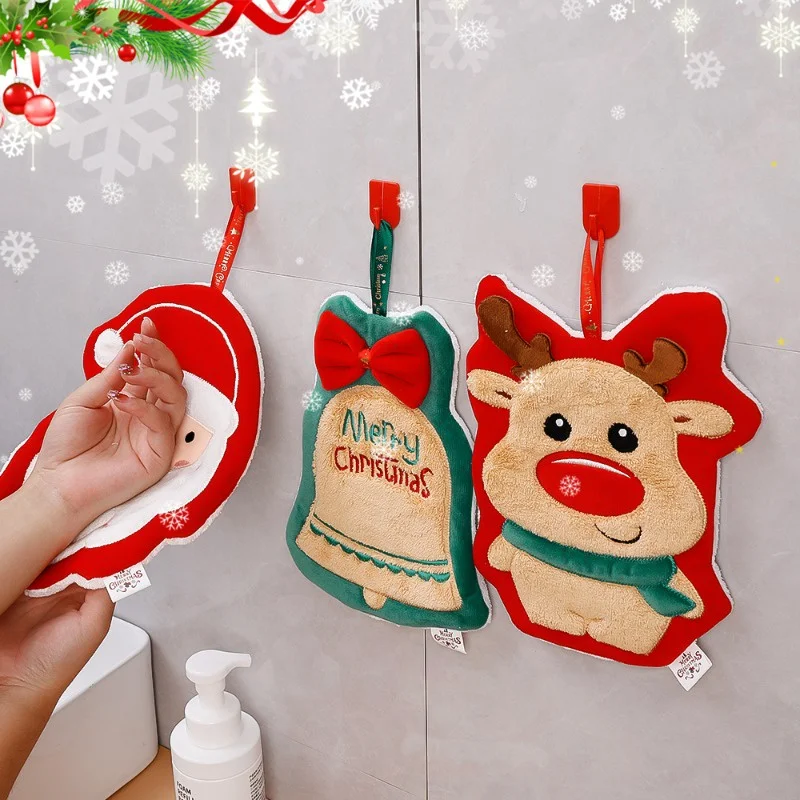 Cute Christmas Hanging Towel For Baby Coral Fleece Quick-drying Fingertip Towel for Kids Soft With Hanging Loop