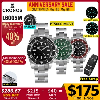 Cronos sub diver men assista sem data pt5000 escovado pulseira moldura cerâmica 200 metros resistente à água glideclasp