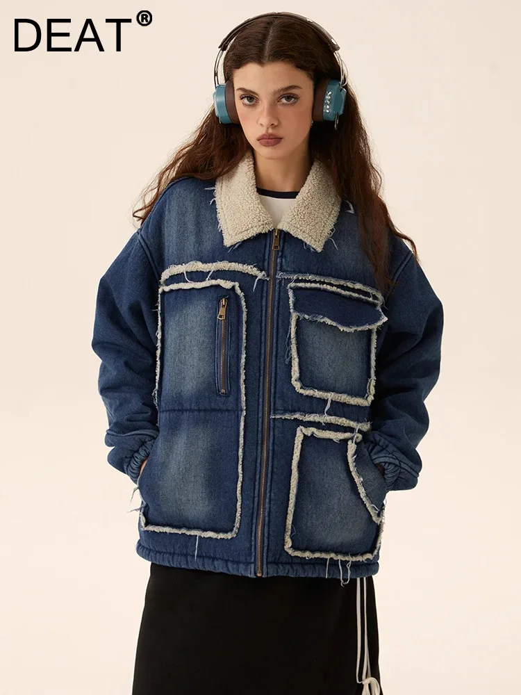 

DEAT Fashion Women's Denim Coat Cotton-padded Jacket Fur Intergrated Zipper Pockets Raw Edge Parkas Coat Winter 2024 New 7AB2179