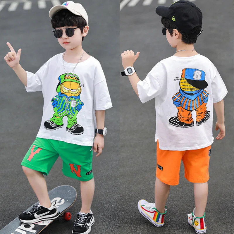 

Fashion Summer Teenage Boy Clothes Boys for 4 6 8 10 12 14Yrs Hip hop Korean Casual T-Shirt Shorts 2Pcs Sets Funny Cartoon Suit