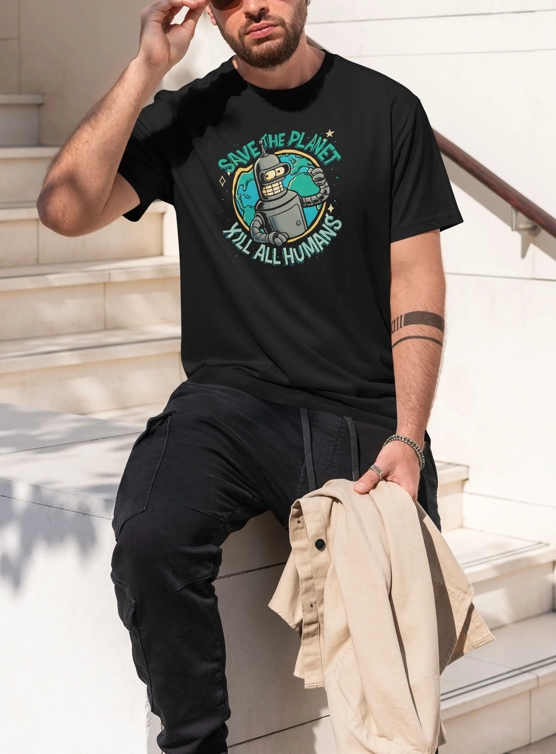 Mens Cotton Save the Planet, Kill All Humans 그래픽 레트로 웃긴 T 셔츠 남성과 여성을위한 스트리트 캐주얼 스타일 티