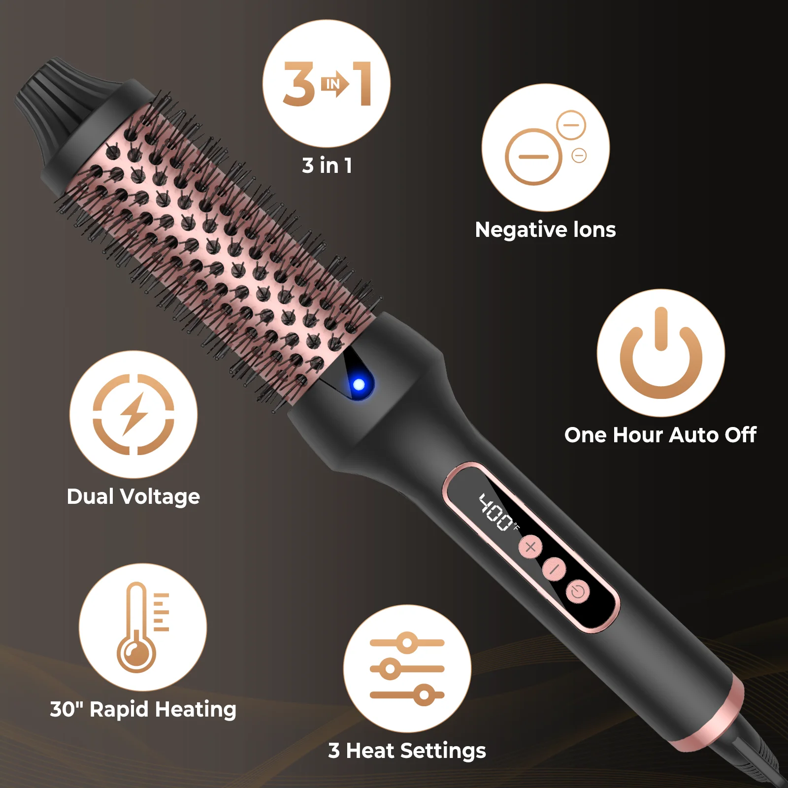 Thermal Brush Hot Air Brush&volumizer Hair Curler Straightener Hair Styling Brush Professional Curling Iron Heated BLACK